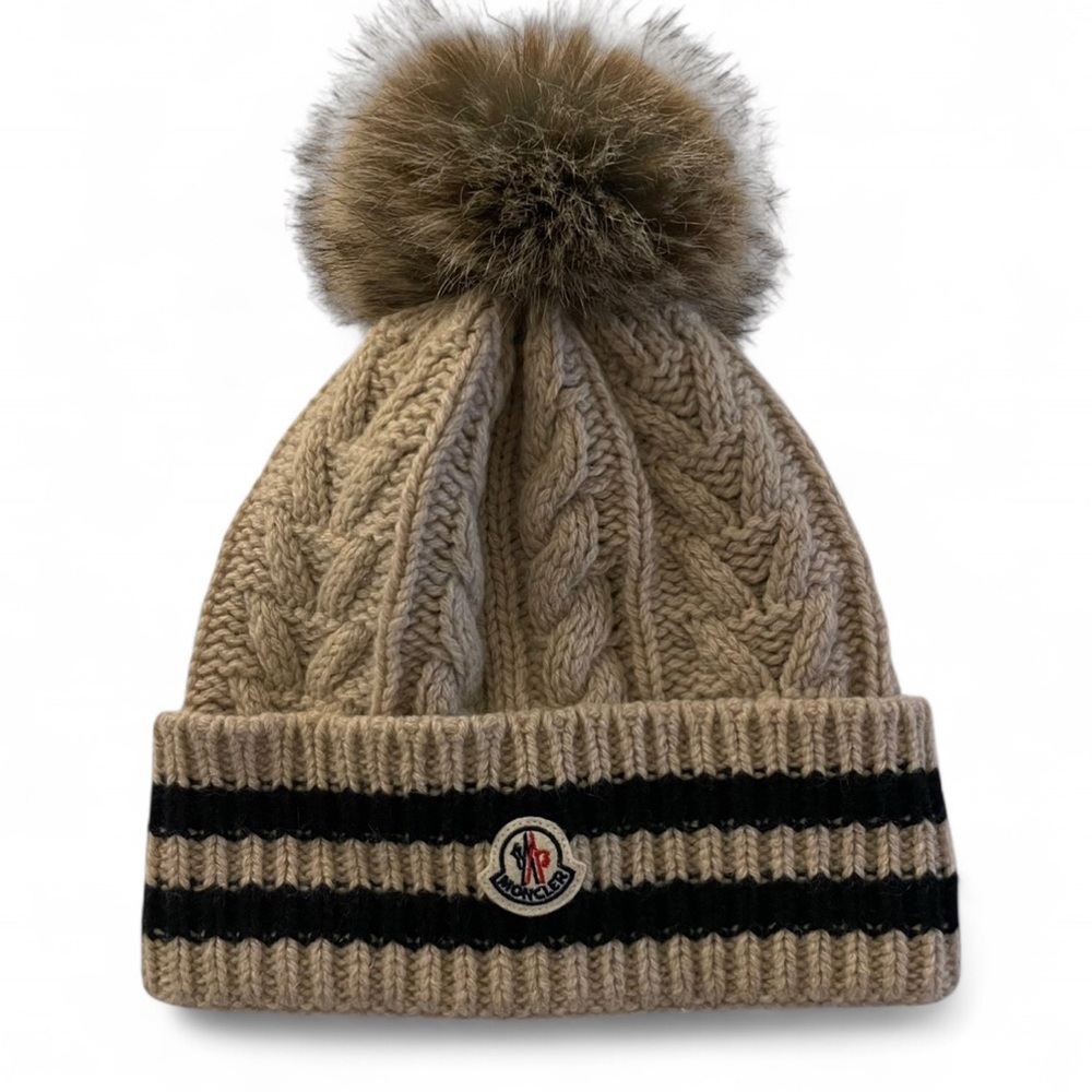 Moncler Cashmere Cable Knit Beanie with Logo and Pom Pom